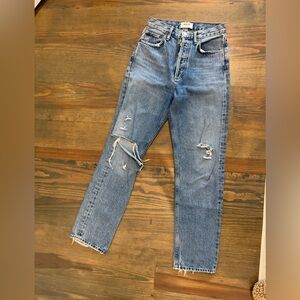 Agolde Light Blue Distressed Straight Leg Jeans